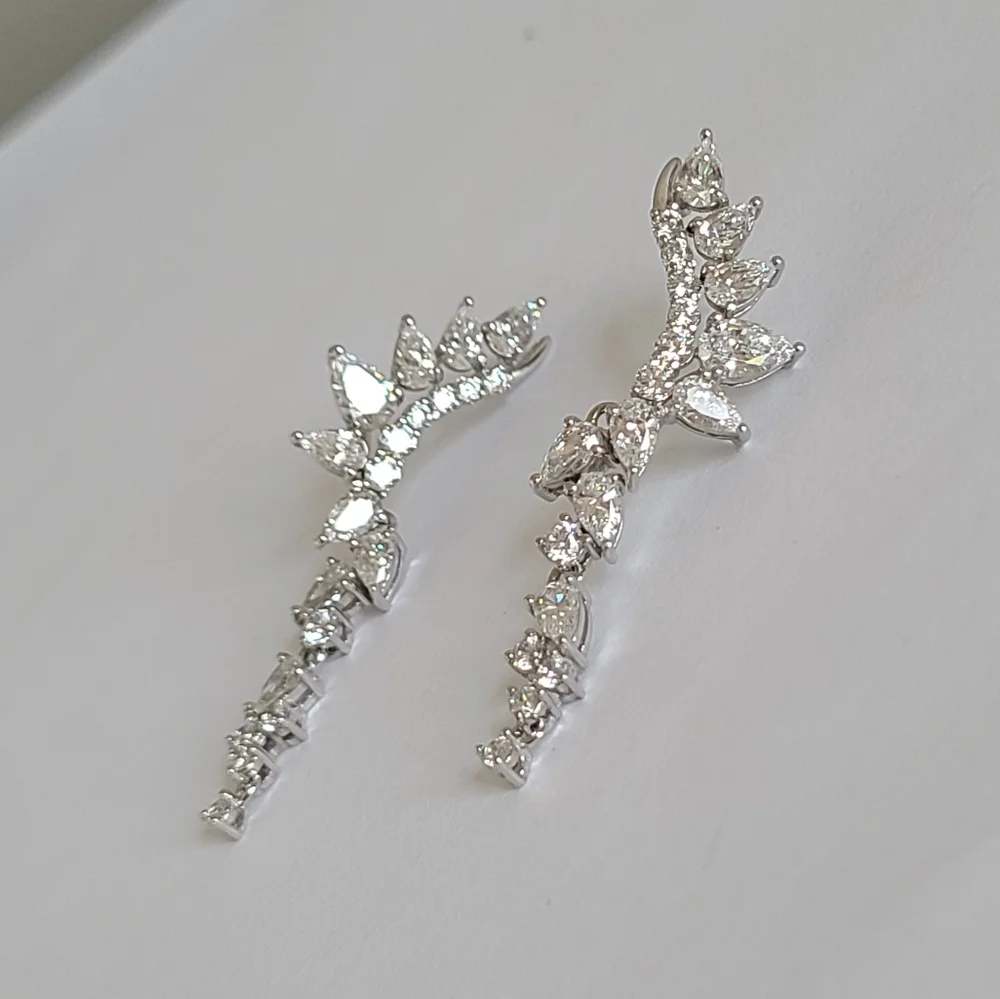 Sterling Silver Crystal Leaf Half Ear Drop Dangle Evening Cocktail Earrings - Picture 8 of 11